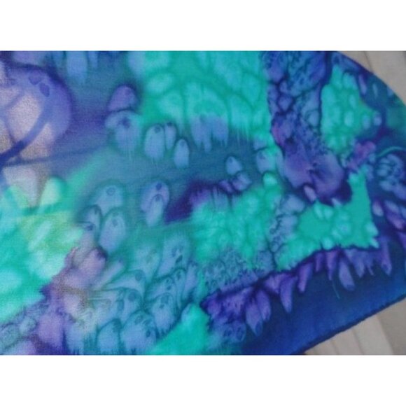 Vintage 1960's Scarf Blue Green Tie Dyed All Silk Handmade Hand Rolled Edges 56" - Picture 6 of 9
